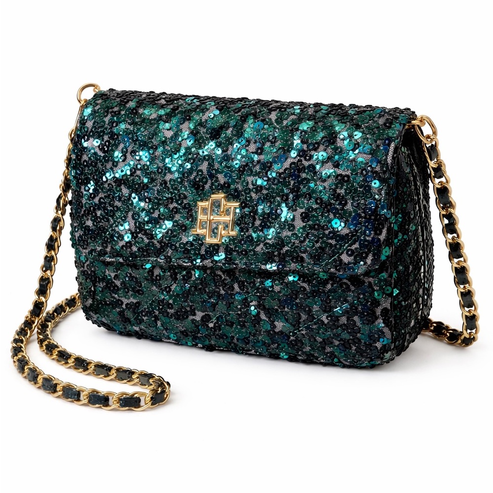 Caroline Hill NWT Green Sequin‎ Crossbody Bag Gold Chain Glam Party Clutch